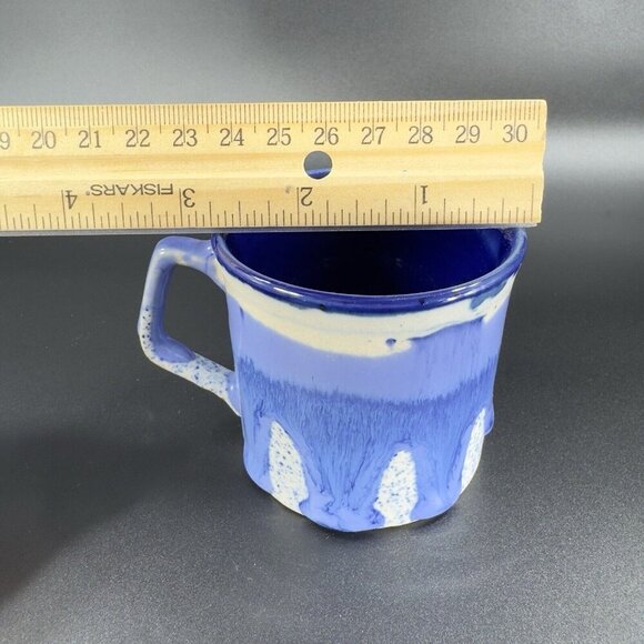 Vintage 1980s Blue Drip Glaze Pottery Coffee Mug Cup Set 2 Hand Made Stoneware - Picture 6 of 16